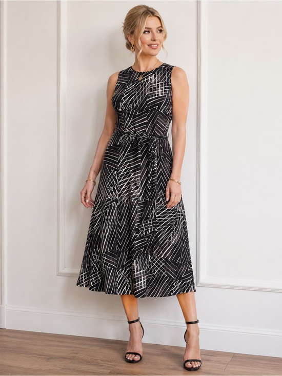 Lauren Ralph Lauren Dresses & Skirts - Lauren Ralph Lauren Geometric Midi Dress 12 Tie Waist Black Gray Ivory